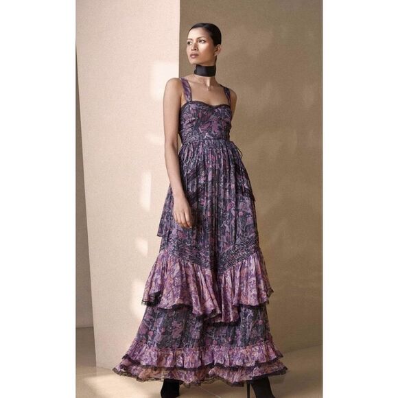 NWT Rococo Sand Purple & Black Metallic Paisley Tiered Maxi Dress Sz XL - Picture 4 of 12